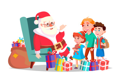 Santa Claus With Children Vector. Merry Christmas And Happy New Year. Greeting, Postcard, Colorful Design. Isolated Cartoon Illustration