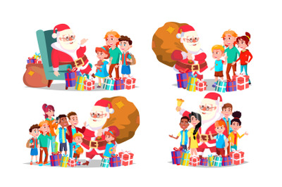 Santa Claus With Children Set Vector. Cheerful Children. December Eve Celebrating. Merry Christmas And Happy New Year. Poster, Advertising Template. Isolated Cartoon Illustration