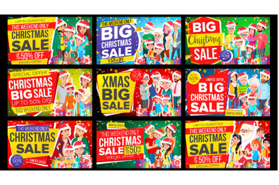 Christmas Sale Banner Set Vector. Discount Up To 50 Off. Big Christmas Banner Vector. Background. Special Offer&2C; Label. Big Super Sale. Holidays Announcement. Illustration