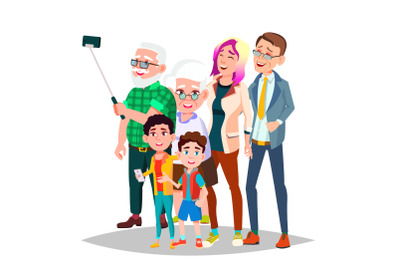 Family Portrait Vector. Big Happy Family. Traditional. Parents, Grandparents, Children. Colorful Design. Isolated Cartoon Illustration