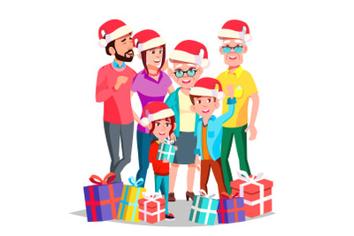 Christmas Family Vector. December Eve. Cheerful. Mom, Dad, Children, Grandparents Together. Happy. New Year Gifts. Banner, Flyer, Brochure Design. Isolated Cartoon Illustration