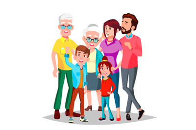 Family Vector. Cheerful. Mom, Dad, Children, Grandparents Together. Banner, Flyer, Brochure Design. Isolated Cartoon Illustration