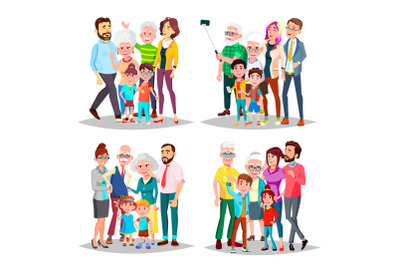 Family Set Vector. Big Full Happy Family Portrait. Father, Mother, Kids, Grandparents. Cheerful. Illustration