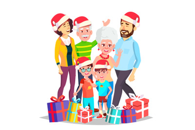 Christmas Family Vector. Celebrating. Mom&2C; Dad&2C; Children&2C; Grandparents Together. In Santa Hats. Decoration Element. Isolated Cartoon Illustration