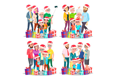 Christmas Family Set Vector. Big Full Happy Family Portrait. Father, Mother, Kids, Grandparents In Santa Hats. Traditional Event. Winter Holidays. December Eve. Celebrating. Cheerful. Illustration