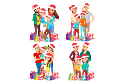 Christmas Family Portrait Set Vector. Parents, Children. In Santa Hats. Happy. New Year Gifts. Happy Family. December Eve. Isolated Cartoon Illustration