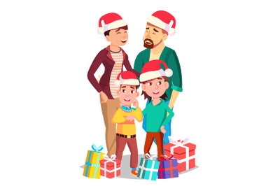 Christmas Family Portrait Vector. Dad, Mother, Kids. In Santa Hats. Winter Holidays. Cheerful. Greeting, Postcard, Colorful Design. Isolated Cartoon Illustration