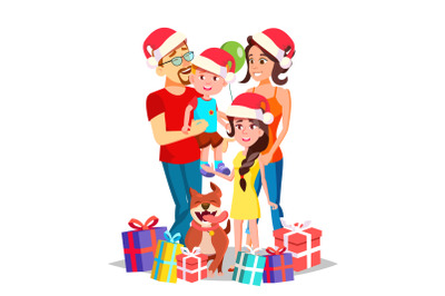 Christmas Family Portrait Vector. Parents, Children. Happy. New Year Gifts. Traditional Event. Poster, Advertising Template. Isolated Cartoon Illustration