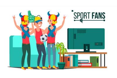 Sport Fans Group Vector. TV-set. Sport Match Supporting. Isolated Flat Cartoon Illustration