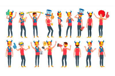 Sports Fan Vector. Outfits Shouting. Cheering At The Stadium. Different Poses. Isolated Flat Cartoon Character Illustration