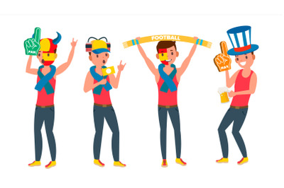 Man Supporting Sport Team Vector. Different Poses. People On Football, Soccer, Hockey Field Bleachers. In Action. Flat Cartoon Illustration