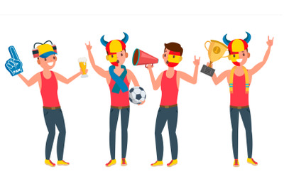 Sports Supporting Team Vector. Guys Fans Cheer For Team. Different Poses. Cartoon Character Illustration