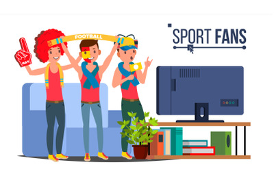 Sport Fans Group Vector. Fan Attributes. Watching TV On Couch. Isolated Flat Cartoon Illustration