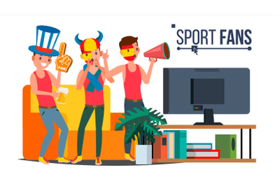 Sport Fans Group Vector. Cheering For The Sport Team. Watching Game Match On TV. Isolated Flat Cartoon Illustration