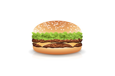 Fast Food Realistic Burger Vector. Hamburger Fast Food Sandwich Emblem Realistic Isolated On White Background Illustration