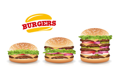 Fast Food Realistic Burger Vector. Set Hamburger