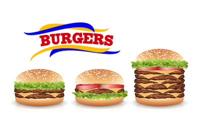 Fast Food Realistic Burger Vector. Set Hamburger