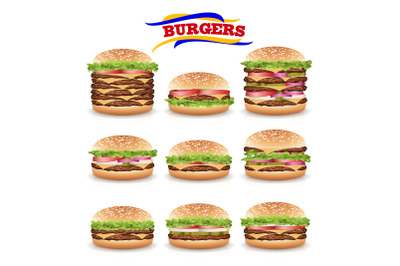 Fast Food Realistic Burger Vector. Set