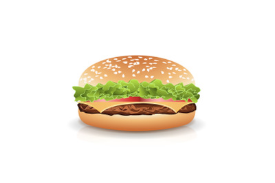 Fast Food Realistic Burger Vector. Hamburger Fast Food Sandwich Emblem Realistic Isolated On White Background Illustration