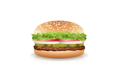 Fast Food Realistic Burger Vector. Hamburger Fast Food Sandwich Emblem Realistic Isolated On White Background Illustration