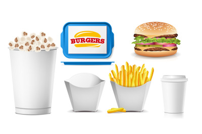 Fast Food Mock Up Set Vector. White Clean Blank. Template For Branding Design. Fast Food Packaging. Isolated On White Illustration