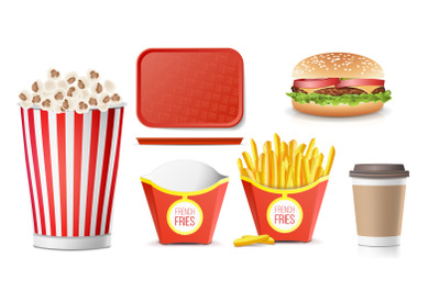 Fast Food Icons Set Vector. French Fries, Coffee, Hamburger, Cola, Tray Salver, Popcorn. Isolated On White Background Illustration