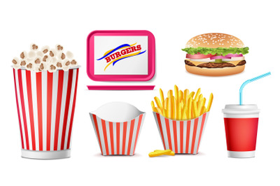 Realistic Fast Food Icons Set Vector. French Fries, Coffee, Hamburger, Cola, Tray Salver, Popcorn. Isolated Illustration