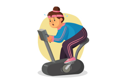 Fat Woman In Gym Vector. Female Running On Treadmill. Exercise Bike. Fitness Girl Training. Obese Woman Running On Treadmill. Isolated Flat Cartoon Character Illustration