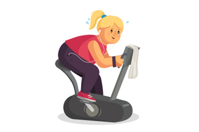 Fat Woman Training Vector. Lose Weight. Fat Woman Dieting, Fitness. Get Rid Of Fat Belly. Flat Cartoon Illustration