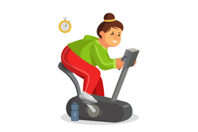 Fat Woman Working Out In Gym Vector. Training On Exercise Bike. Girl Working Out In Sweat. Young Obese Woman. Isolated On White Cartoon Character Illustration