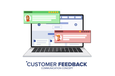 Customer Review On Laptop Vector. Speech Bubbles. Feedback Experience. Store Web Page. Isolated Flat Illustration