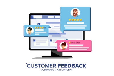 Customer Review Vector. Desktop Pc Display On Monitor Screen Vector. Speech Bubbles. Online Store Web Page. Client Testimonials Concept. Isolated Flat Illustration