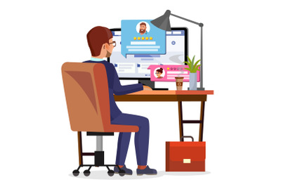 Man Writing Client Testimonial On Internet Online Store Vector. Vote, Feedback, Rating, Liked. Isolated Flat Illustration