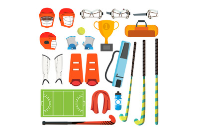 Field Hockey Icons Set Vector. Field Hockey Accessories. Ball, Helmet, Protection, Stick, Cup. Isolated Flat Cartoon Illustration