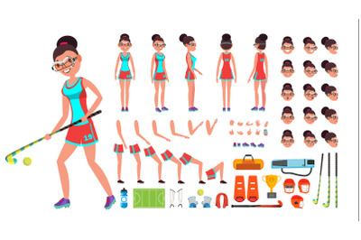 Field Hockey Player Female Vector. Animated Character Creation Set. Full Length, Front, Side, Back View, Accessories, Poses, Face Emotions, Gestures. Isolated Flat Cartoon Illustration