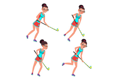 Young Woman Field Hockey Player Vector. Grass Hockey Game. Girl. Flat Cartoon Illustration