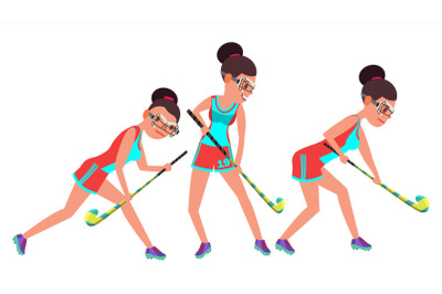 Field Hockey Female Player Vector. Dribbling Ball. In Action. Poses. Women s Grass Hockey Match. Cartoon Character Illustration