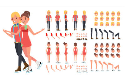 Figure Skating Couple Vector. Woman And Male. Ice Skating. Animated Character Creation Set. Full Length, Front, Side, Back View, Face Emotions, Gestures. Isolated Flat Cartoon Illustration