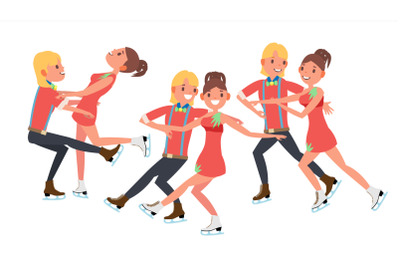 Couple With Ice Skaters Vector. Training Ice Show. Boy And Girl In Pair. Cartoon Character Illustration