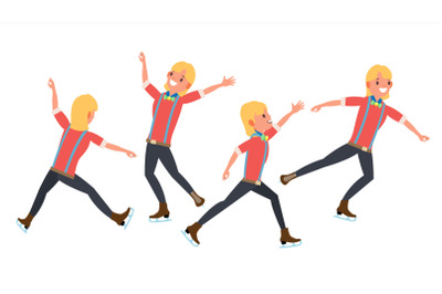 Boy Figure Skater Vector. Winter Sports. Skater Male. Different Poses. In Action. Flat Cartoon Illustration