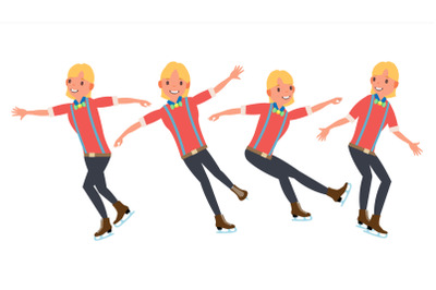 Man Athlete Figure Skating. Ice Figure Skater Vector. Athletes Winter Sport. In Action. Synchron Dancer. Different Poses. Isolated Flat Cartoon Character Illustration