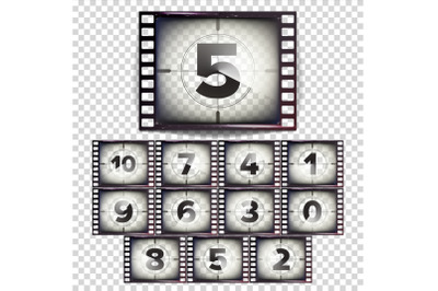 Film Countdown Numbers 10 - 0 Vector. Monochrome Brown Grunge Film Strip. Start Of The Old Film. Isolated On Transparent Background Illustration