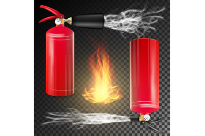 Red Fire Extinguisher Vector. Fire Flame Sign And Metal Red Fire Extinguisher. Transparent Background