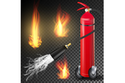 Fire Extinguisher Vector. Burning Fire Flame And Metal Glossiness 3D Realistic Red Fire Extinguisher. Transparent Illustration