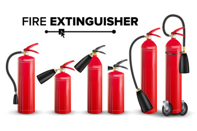 Fire Extinguisher Set Vector. Different Types. Metal Glossiness 3D Realistic Red Fire Extinguisher Isolated Illustration