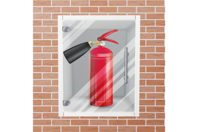 Fire Extinguisher In Wall Niche Vector. Realistic Red Fire Extinguisher Illustration