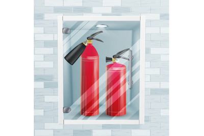 Red Fire Extinguisher In Wall Niche Vector. Metal Glossiness 3D Realistic Red Fire Extinguisher Illustration