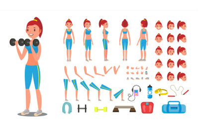 Fitness Girl Vector. Animated Sport Female Character Creation Set. Full Length, Front, Side, Back View, Accessories, Poses, Face Emotions, Gestures. Isolated Flat Cartoon Illustration