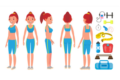 Fitness Girl Vector. Different Poses. Female Fitness. Woman Workout Fitness. Cardio, Treadmill, Body lifting. Isolated Flat Cartoon Character Illustration