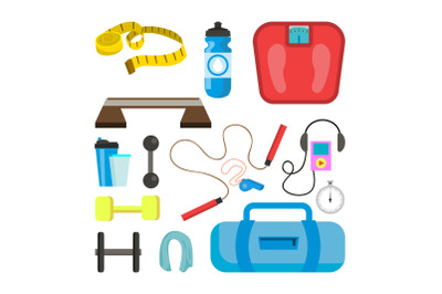 Fitness Icons Set Vector. Sport Tools Accessories. Scales, Tape, Dumbbell, Weight, Towel, Stopwatch, Headphones, Rope. Isolated Flat Cartoon Illustration